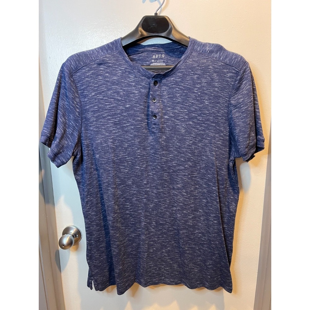 Apt 9 Mens XL Blue Space Dye Short Sleeve Henley Shirt Cotton Blend Regular Fit